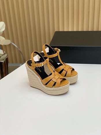 Fortok Saint Laurent Yellow Calfskin T-Strap Espadrille Platform Sandals