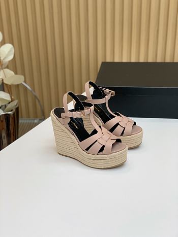 Fortok Saint Laurent Beige Calfskin T-Strap Espadrille Platform Sandals