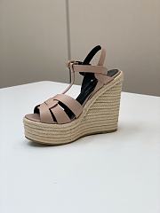 Fortok Saint Laurent Beige Calfskin T-Strap Espadrille Platform Sandals - 5