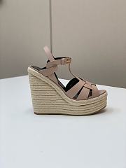 Fortok Saint Laurent Beige Calfskin T-Strap Espadrille Platform Sandals - 4