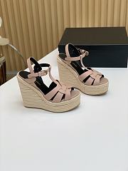 Fortok Saint Laurent Beige Calfskin T-Strap Espadrille Platform Sandals - 2