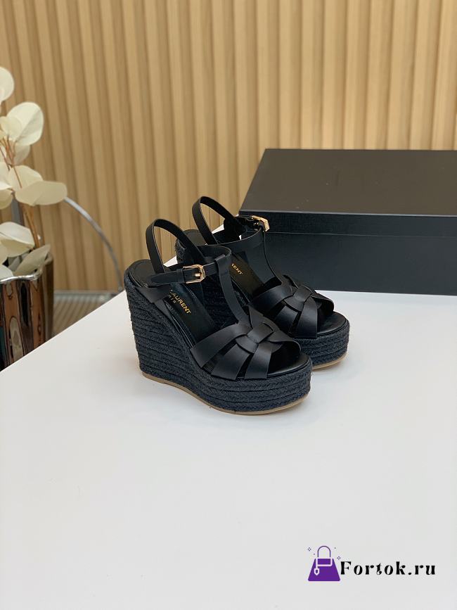 Fortok Saint Laurent Black Calfskin T-Strap Espadrille Platform Sandals - 1