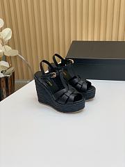 Fortok Saint Laurent Black Calfskin T-Strap Espadrille Platform Sandals - 1