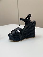 Fortok Saint Laurent Black Calfskin T-Strap Espadrille Platform Sandals - 3