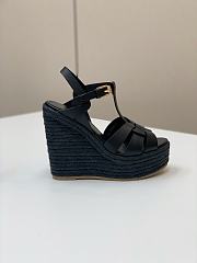 Fortok Saint Laurent Black Calfskin T-Strap Espadrille Platform Sandals - 2