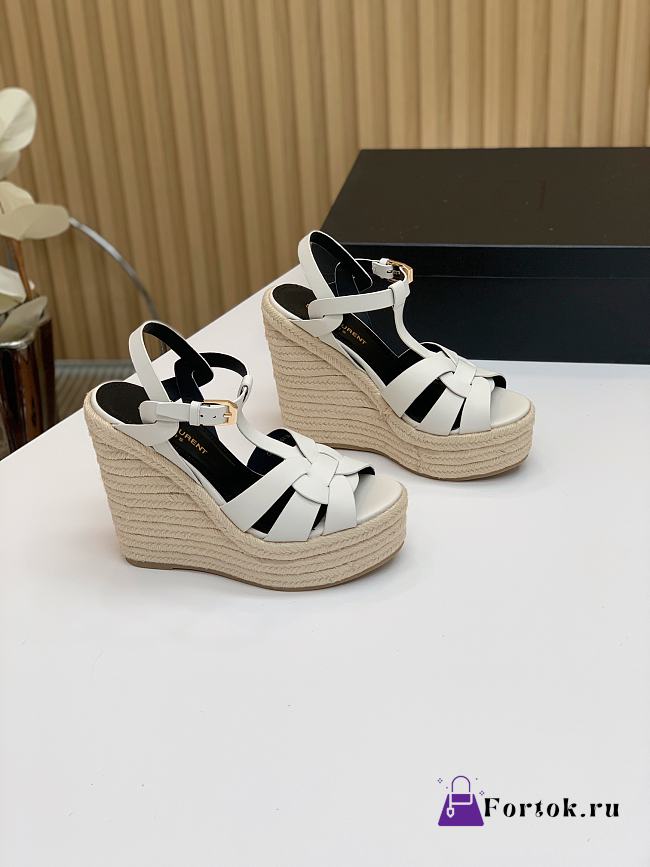 Fortok Saint Laurent White Calfskin T-Strap Espadrille Platform Sandals - 1