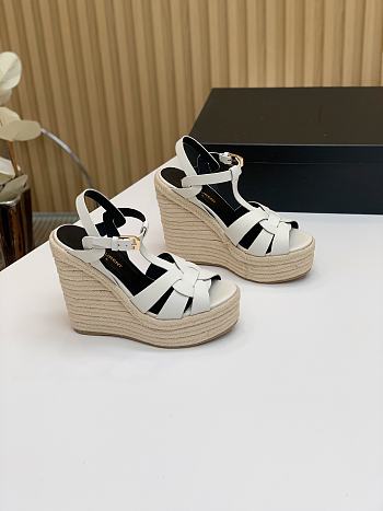 Fortok Saint Laurent White Calfskin T-Strap Espadrille Platform Sandals