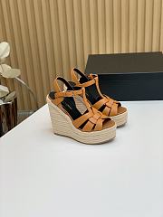 Fortok Saint Laurent Brown Calfskin T-Strap Espadrille Platform Sandals - 1