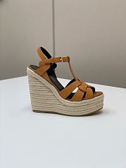 Fortok Saint Laurent Brown Calfskin T-Strap Espadrille Platform Sandals - 3