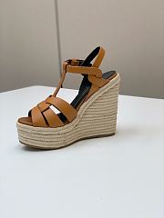 Fortok Saint Laurent Brown Calfskin T-Strap Espadrille Platform Sandals - 2