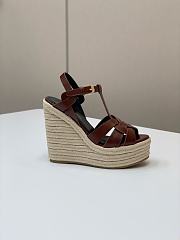 Fortok Saint Laurent Burgundy Calfskin T-Strap Espadrille Platform Sandals - 6