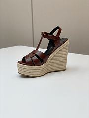 Fortok Saint Laurent Burgundy Calfskin T-Strap Espadrille Platform Sandals - 5