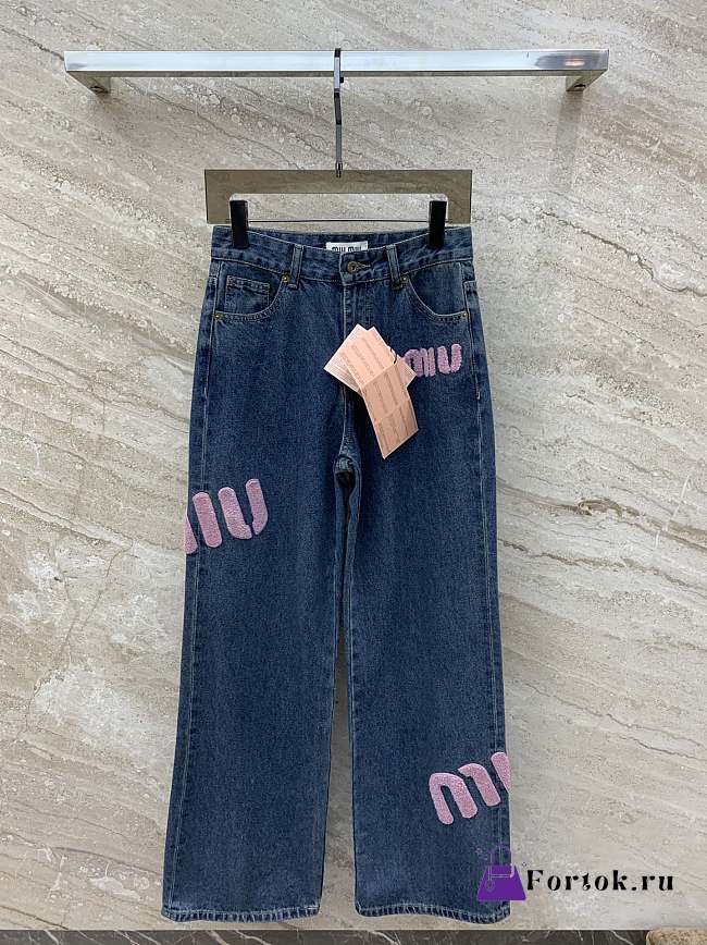 Fortok MiuMiu Pink Embroidered Letter Denim Trousers - 1