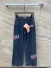 Fortok MiuMiu Pink Embroidered Letter Denim Trousers - 1