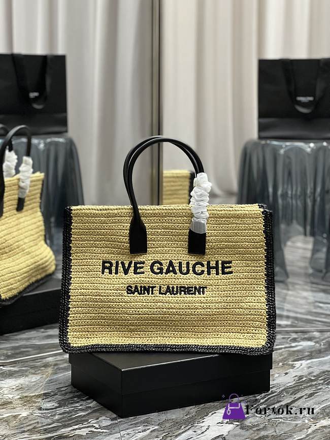 Fortok Saint Laurent Logo Embroidered Rive Gauche Raffia Tote Bag 509415 48×36×16cm   - 1
