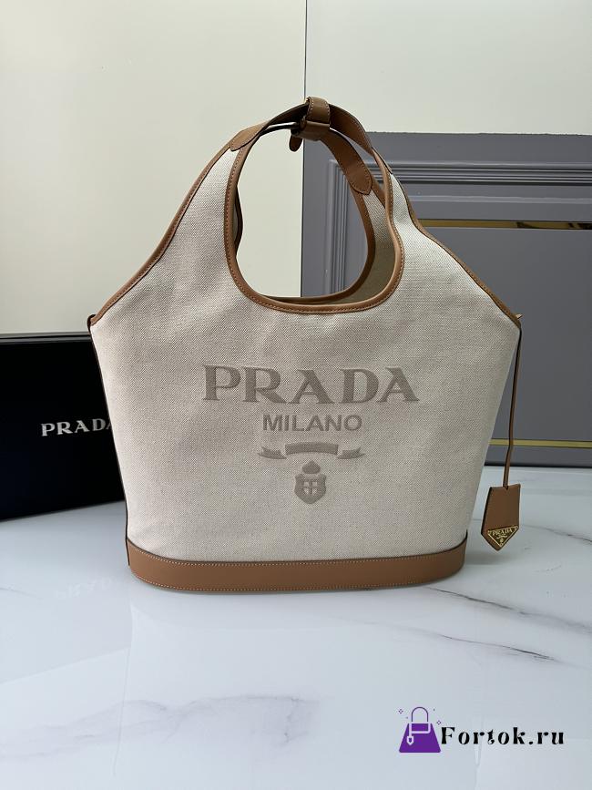 Fortok Prada Natural Large Linen Blend And Leather Tote Bag 1BG472 37.5x30x13cm - 1