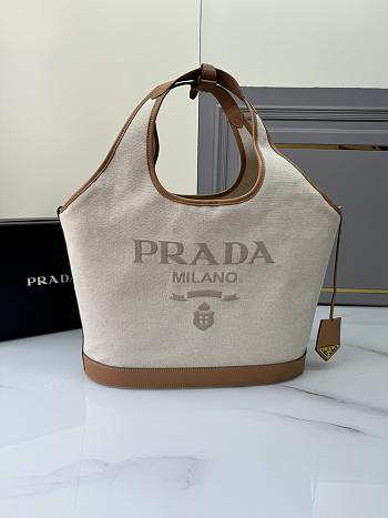 Fortok Prada Natural Large Linen Blend And Leather Tote Bag 1BG472 37.5x30x13cm