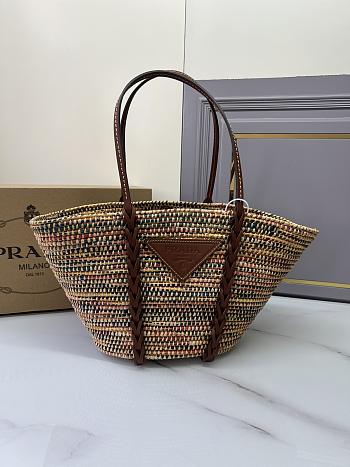 Fortok Prada Raffia Woven Braided Basket Tote Multicolor Cognac 1BG312 25x25x16cm