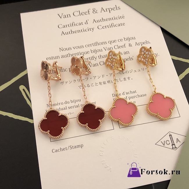 Fortok Van Cleef & Arpels Four-leaf Clover Double Flower Earrings Red/Pink - 1