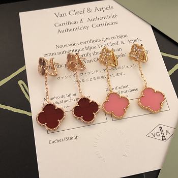 Fortok Van Cleef & Arpels Four-leaf Clover Double Flower Earrings Red/Pink