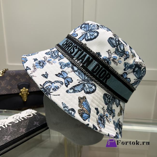 Fortok Dior D-Bobby Toile De Jouy Mexico Small Brim Bucket Hat White & Blue - 1