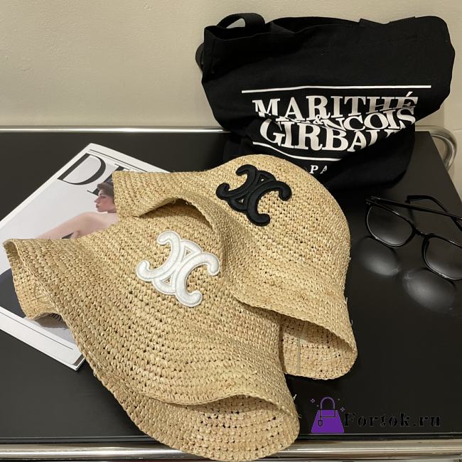 Fortok Celine Black/White Logo Woven Straw Hat - 1