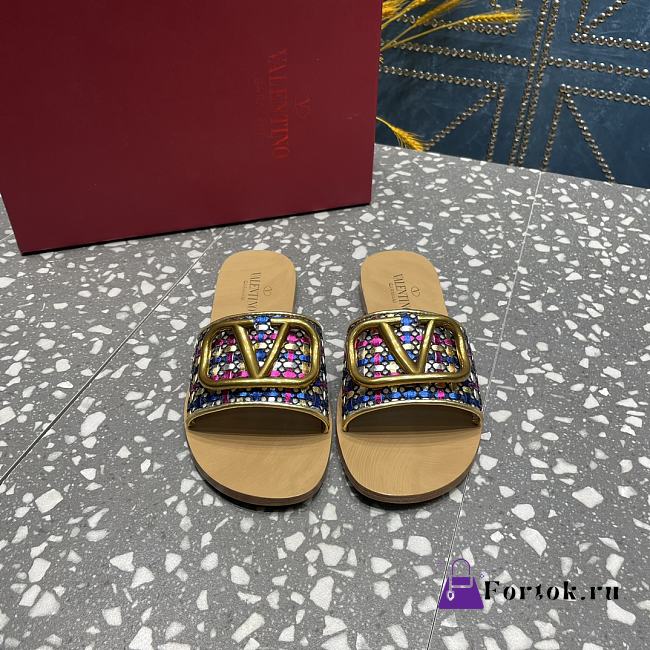 Fortok Valentino Garavani VLogo Signature Woven Slide Sandals Multicolor - 1