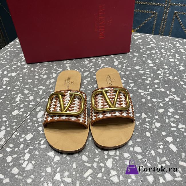 Fortok Valentino Garavani VLogo Signature Woven Slide Sandals Brown - 1