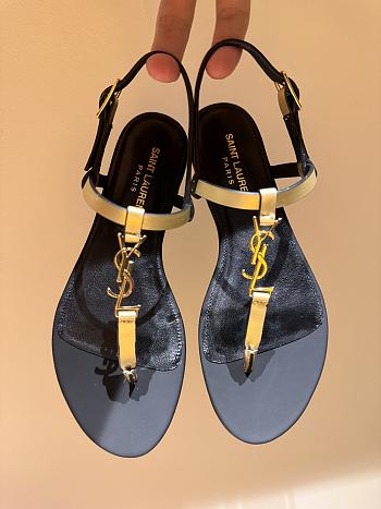 Fortok Saint Laurent Cassandra Flat Sandals In Gold Metallic Leather With Gold-tone Monogram