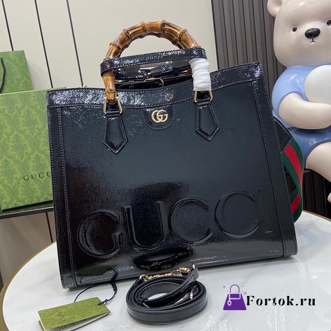 Fortok Gucci Diana Medium Patent Leather Tote Bag Black 35x30x14cm - 1