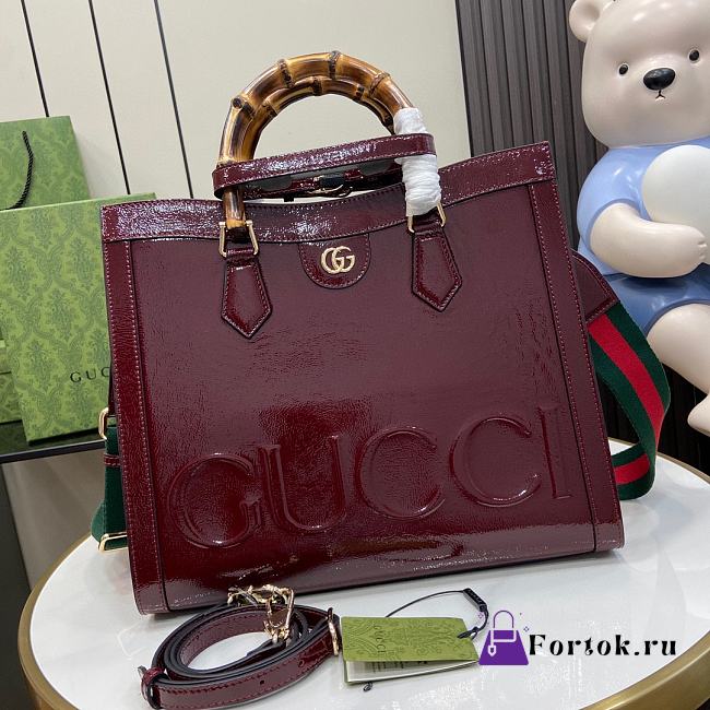 Fortok Gucci Diana Medium Patent Leather Tote Bag Burgundy 35x30x14cm - 1