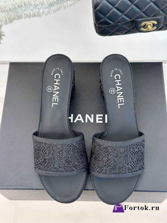 Fortok Chanel Black Mesh Lace Slippers - 1
