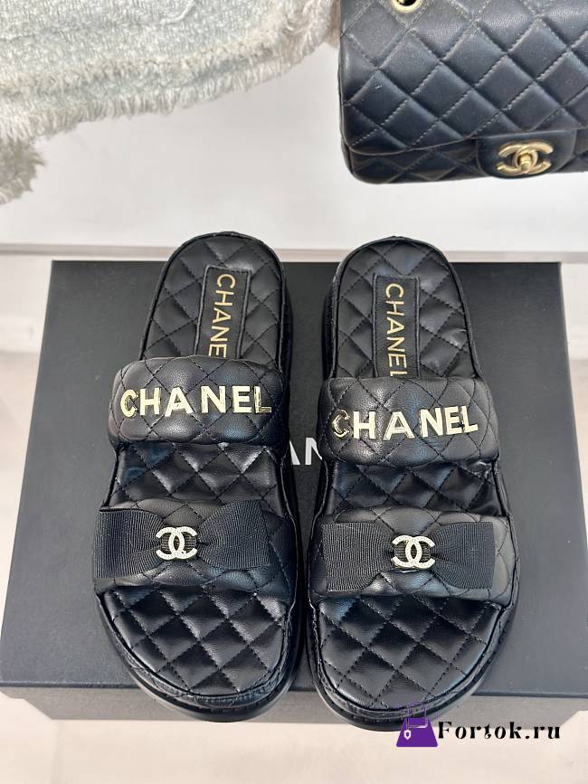 Fortok Chanel Bow Double C Platform Slippers in Black - 1