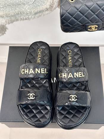 Fortok Chanel Bow Double C Platform Slippers in Black