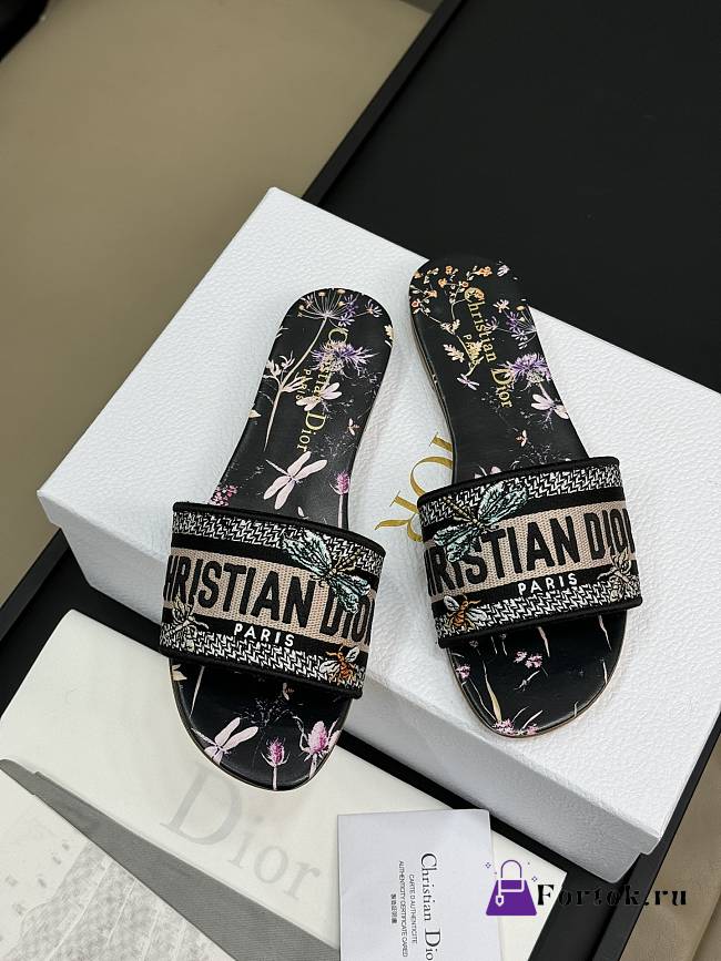 Fortok Dior Dway Slides Black Cotton Embroidered with Multicolor Dior Herbarium Motif - 1