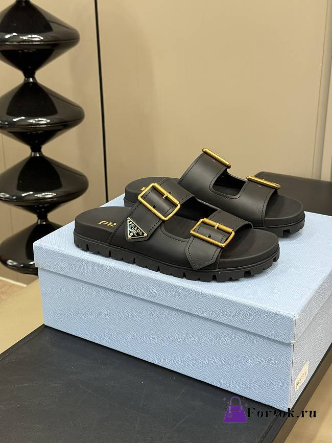 Fortok Prada Black Leather Two-Strap Slides - 1