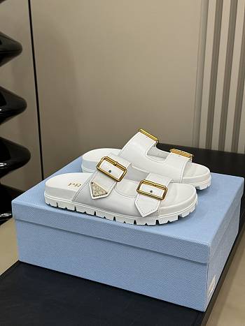 Fortok Prada White Leather Two-Strap Slides