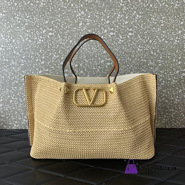 Fortok Valentino Brown Raffia V-Logo Tote Bag 35x25x17cm - 1