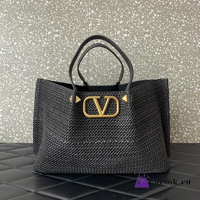 Fortok Valentino Black Raffia V-Logo Tote Bag 35x25x17cm - 1