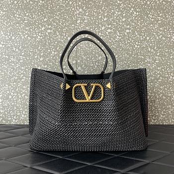 Fortok Valentino Black Raffia V-Logo Tote Bag 35x25x17cm