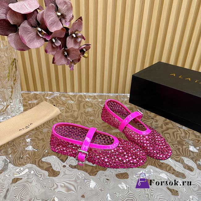 Fortok Alaia Crystal-Embellilshed Leather Ballerina Flats in Pink - 1