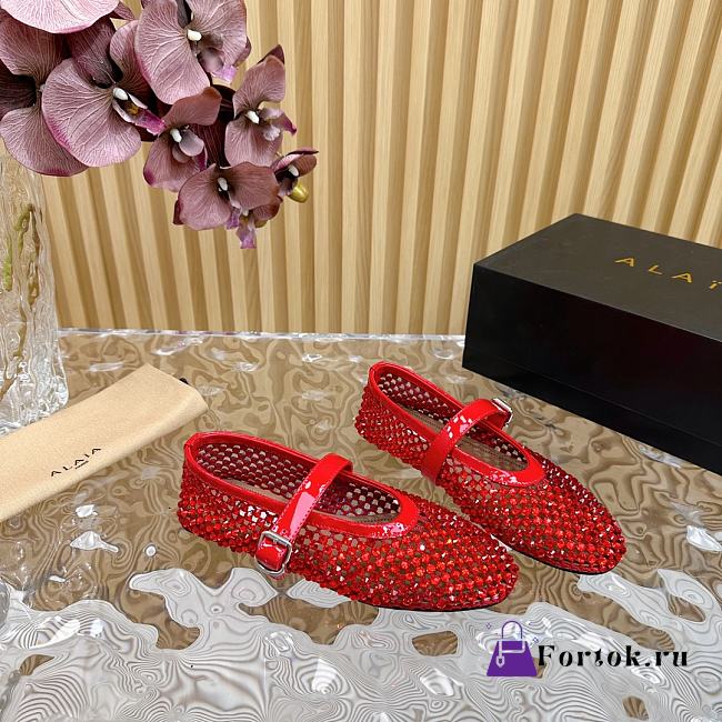 Fortok Alaia Crystal-Embellilshed Leather Ballerina Flats in Red - 1