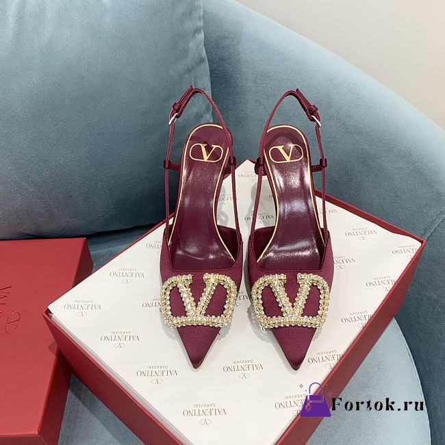 Fortok Valentino Garavani Slingback Burgundy V Buckle Rhinestone - 1