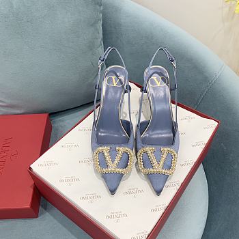 Fortok Valentino Garavani Slingback Blue V Buckle Rhinestone