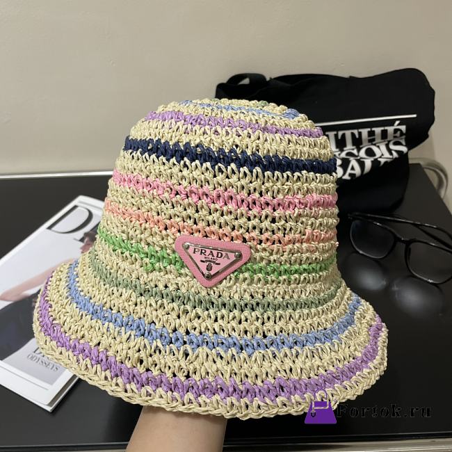 Fortok Prada Multicolor Striped Crochet Bucket Hat in Beige with Pink/White Logo - 1