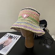 Fortok Prada Multicolor Striped Crochet Bucket Hat in Beige with Pink/White Logo - 2