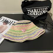 Fortok Prada Multicolor Striped Crochet Bucket Hat in Beige with Pink/White Logo - 3