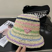 Fortok Prada Multicolor Striped Crochet Bucket Hat in Beige with Pink/White Logo - 4