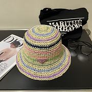 Fortok Prada Multicolor Striped Crochet Bucket Hat in Beige with Pink/White Logo - 5