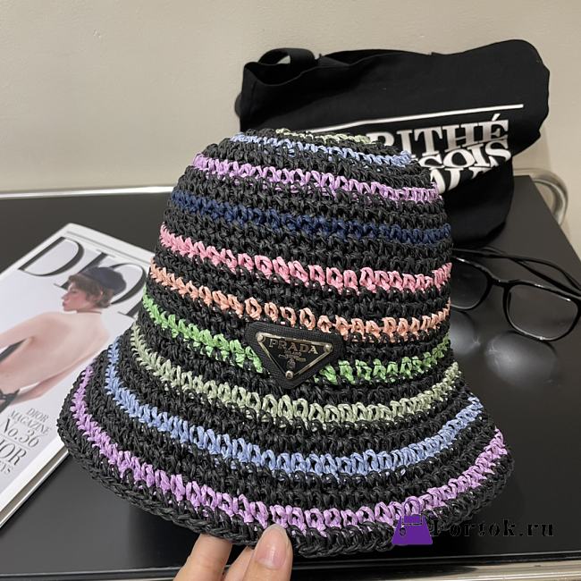 Fortok Prada Multicolor Striped Crochet Bucket Hat in Black - 1
